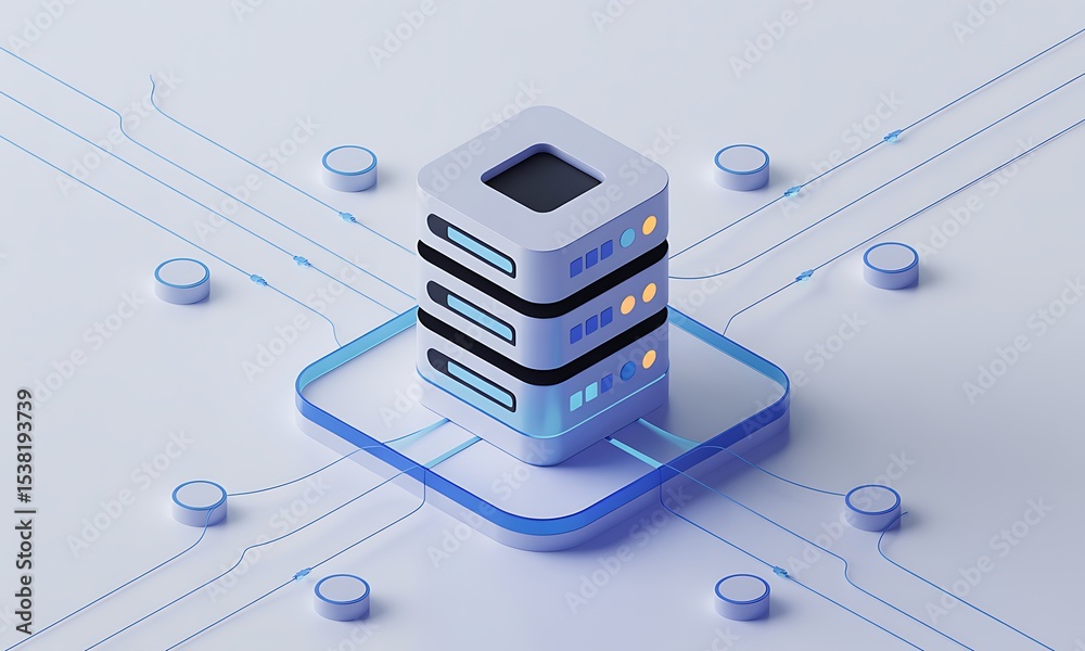 Aufkleber server stack renders data flow in isometric view, illustrating connectivity and processing with a cl