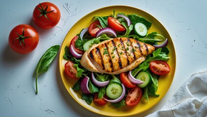 Grilled Chicken Breast Salad with Tomato, Cucumber, and Onion on Yellow Plate. Grilled Chicken On A Plate With Fresh Vegetables, Top View, Empty Space For Text