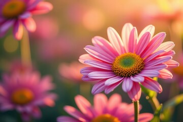 Vibrant Pink Daisies in a Sunny Field A Captivating Scene of Blooming Flowers Radiating Joy and Natural Beauty in Warm Light