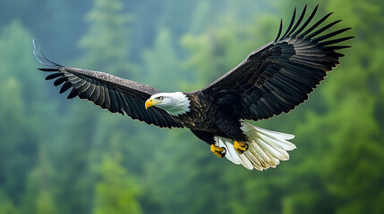 Fototapeta premium Majestic bald eagle soaring through a lush forest.