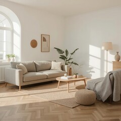 Bright and airy living room featuring a light gray sofa, natural decor, and plants, creating a serene and cozy atmosphere.