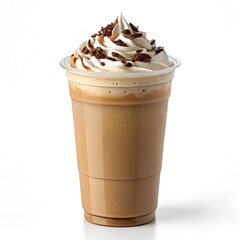 Iced coffee in plastic cup with festive whipped cream topping, chocolate chips, and colorful syrup on white background