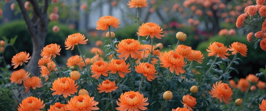 Orange chrysanthemum blossom beautiful in the garden with empty copy space for text