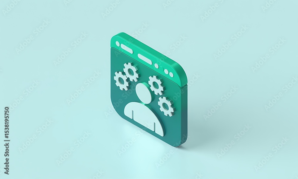 Poster digital avatar shows configuration process on screen, indicating technical skill in isometric view, 