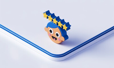 Cartoon Head Receives Five Stars, showcasing customer satisfaction, isolated on a white surface as a performance rating, illustrative and with copy space.