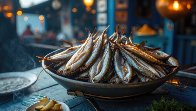 Fried Anchovies, Gavros in Taverna with Empty Space for Text