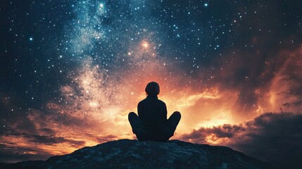 A lone figure finds solace under a breathtaking canopy of stars meditating on life s wonders with vibrant celestial