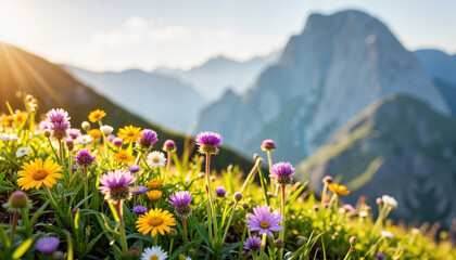 Obraz premium Blooming mountain flowers with towering peak in the background for website backgrounds