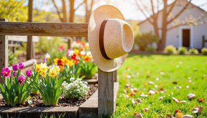 Gardener's hat hanging on fence post in bright sunny flower garden