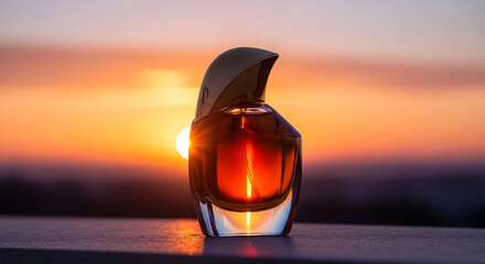 Elegant Perfume Bottle Silhouette Against Sunset Sky, Fragrance, Luxury Product Photography.