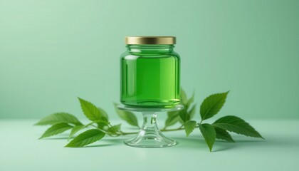 Elegant Green Jar on Glass Stand Surrounded by Lush Leaves, Sea Green Background, Mockup