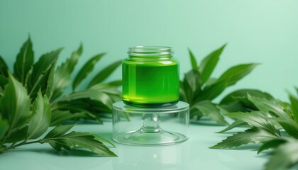 Refreshing Green Jar Displayed on Glass Stand Surrounded by Lush Leaves on Pale Green Surface