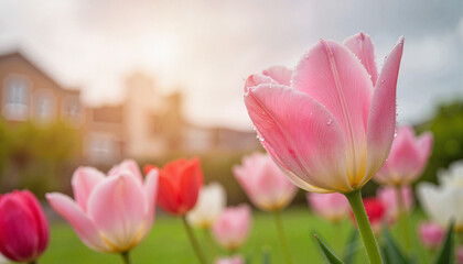Fototapeta premium Pink tulip with water droplets in a garden setting, with copy space