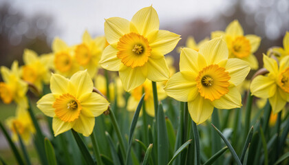 Obraz premium Fresh yellow daffodils in bloom, representing spring growth
