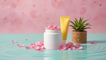 White Jar, Pink Petals, Yellow Tube on Mint Water with Green Plant