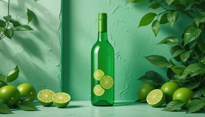 Refreshing Green Bottle with Lime Pieces in Lush Foliage Against Pale Green Wall