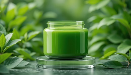 Elegant Green Jar Displayed on Glass Base Surrounded by Lush Foliage - Product Mockup
