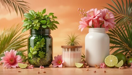 Tropical Sunset Still Life Green & White Jars with Lush Foliage and Blooms