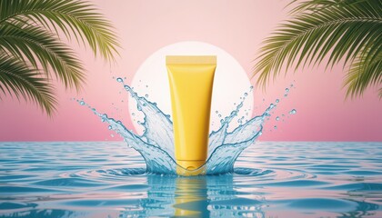 Dynamic Water Splash with Yellow Tube, Tropical Palm, Soft Pink Horizon, Lifestyle Concept