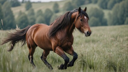 A brown bay horse with a long mane, blemish and tail galloping among tall grass in a meadow. Animal farm, breed horses.