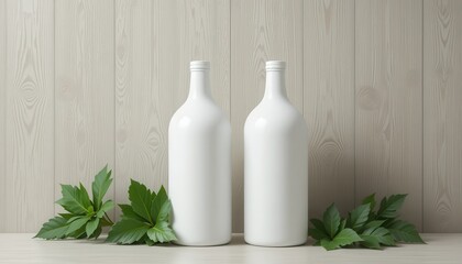 Modern White Bottles with Green Leaves on Taupe Wall, Mockup Showcase, Elegant Design