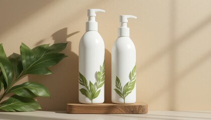 Elegant White Bottles with Leafy Accents Displayed on Wooden Base Against Soft Khaki Wall