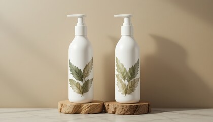 Elegant White Bottles with Leafy Designs on Wooden Base Against Khaki Wall, Product Mockup