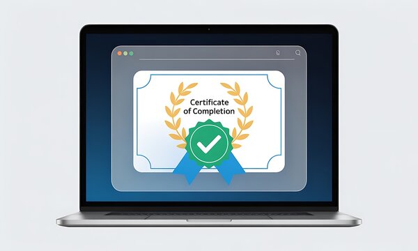 Laptop Displays Certificate of Completion Online, showcasing educational achievement with copy space, featuring digital certification, and emphasizing e-learning success.