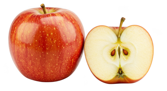 Red apple whole and halved isolated on transparent background