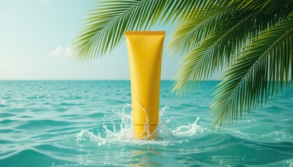 Refreshing Yellow Tube with Water Cascade in Mint Ocean, Under Palm Fronds - Product Mockup