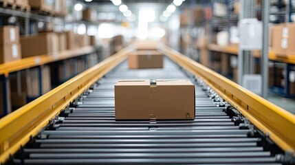 Boxes glide with purpose awaiting their destination a promise of delivery fulfilled with yellow automated conveyor and