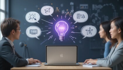Creative Brainstorming Session with Laptop and Lightbulb, Minimalist Design, Modern Office