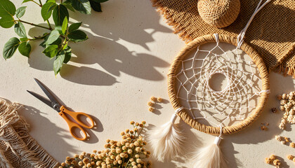 Dreamcatcher and crafting supplies in warm morning light, with copy space