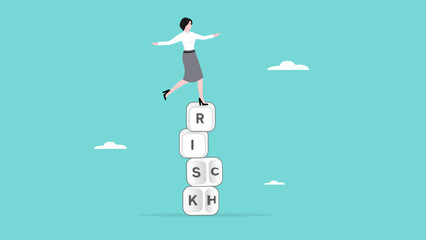 risk management to getting rich, strategy to achieve success in business, rich with risk concept, smart business woman balancing a pile of cubes with rich and risk written on the side
