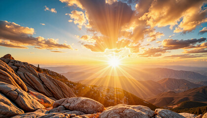 Rocky mountain sunrise with golden light rays, for travel blogs, with copy space