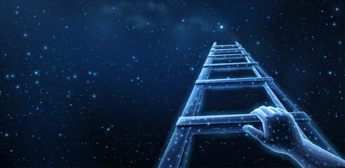 Digital stair with man hand. Career ladder, business growth, success stairs.