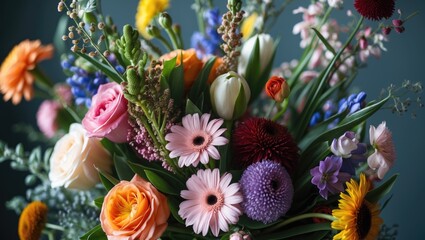 A bouquet of flowers for a good mood, close-up with vibrant colors and variety.
