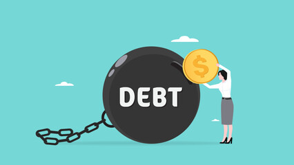 Pay off debt, deficit or borrowing due, managing debt, pay off business debt, responsibility to pay debtor, reduce the burden of obligations, business woman include gold coins in debt burden