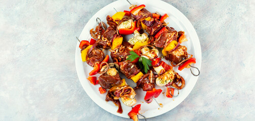 Raw shish kebab, preparation of meat dishes.