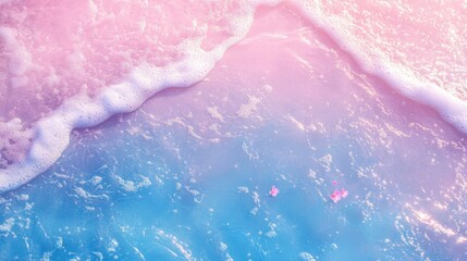 The blue and pink beach, with two or three small flowers dotting the picture. The background is the sparkling water, with thin strips of white foam, creating a bird's-eye view. The picture has soft to