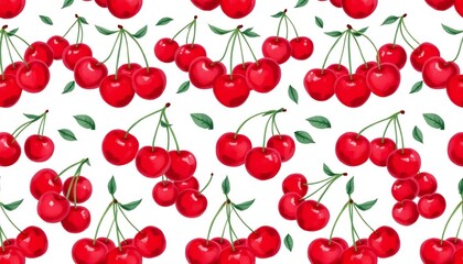 Cherry Pattern: A vibrant pattern showcases a delightful arrangement of plump, ripe cherries, with leaves on a clean backdrop, evoking the essence of freshness and natural beauty.