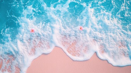 The blue and pink beach, with two or three small flowers dotting the picture. The background is the sparkling water, with thin strips of white foam, creating a bird's-eye view. The picture has soft to