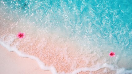 The blue and pink beach, with two or three small flowers dotting the picture. The background is the sparkling water, with thin strips of white foam, creating a bird's-eye view. The picture has soft to