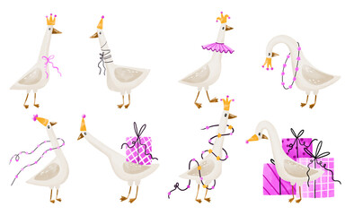 Geese collection. Set of  white duck with birthday hat, and king crown  .  Birthday celebrating hand drawn watercolor illustration on isolated background
