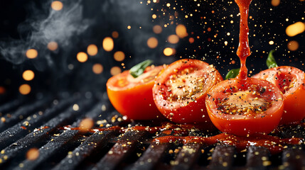 Grilled tomatoes drizzled with sauce and spices