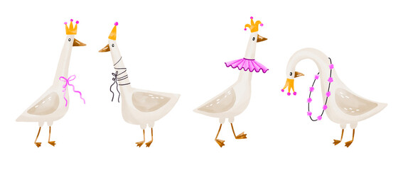 Set of  white duck with birthday hat, and king crown  .  Birthday celebrating hand drawn watercolor illustration on isolated background