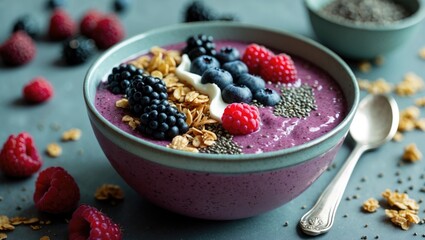 Acai Smoothie Bowl With Blueberry, Blackberry, Raspberry, Granola And Chia Seeds In Bowl