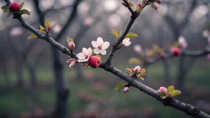 A fruit tree twig in spring with close-up blossoms and blurred background.