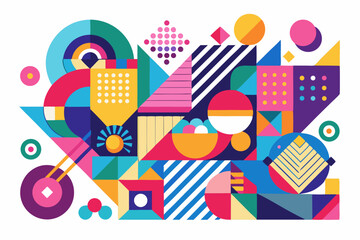 Obraz premium Vibrant abstract background featuring geometric shapes in Memphis style. Includes bold triangles in pink, teal, yellow, and purple, combined with dotted