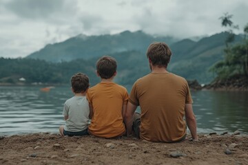 Fototapeta premium Dad and Kids Enjoying Peaceful Time on a Remote Beach